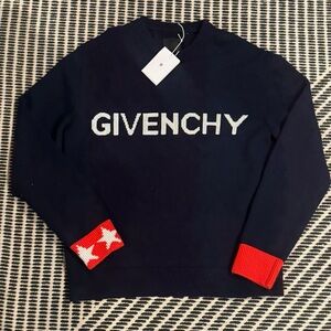 Givenchy Men's Dark Blue Sweater with Red and White Details